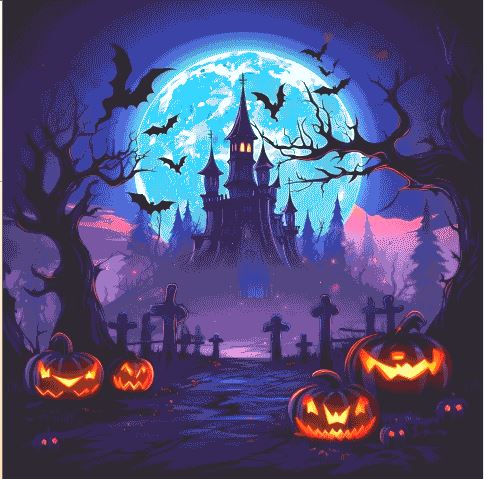 Halloween night cross stitch pattern, pdf cross stitch pattern, castle and pumpkin pattern, digital design